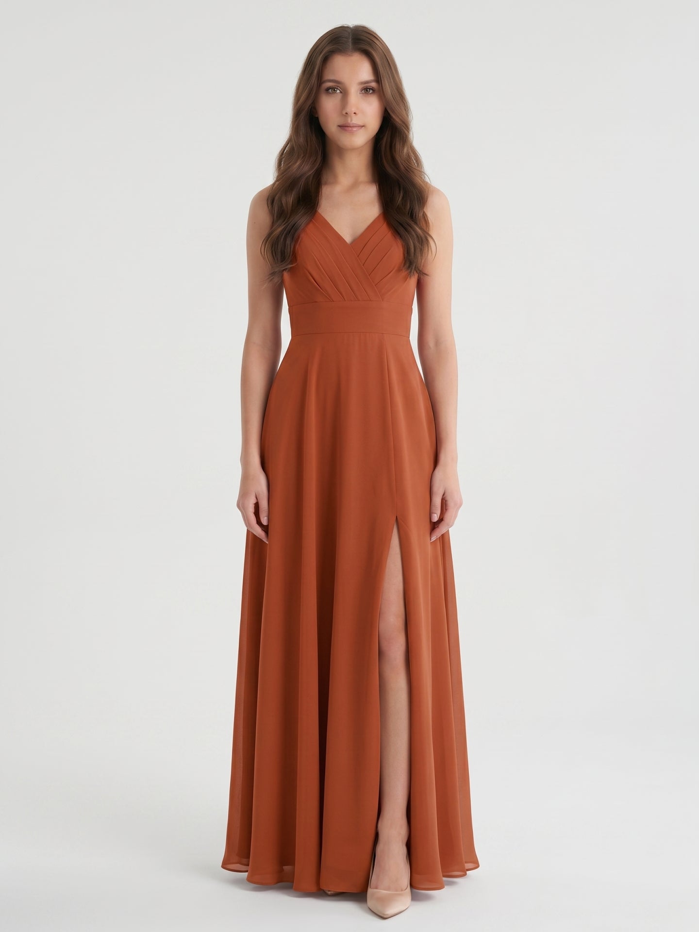 Cinnamon Chiffon A-Line V-Neck V-Back Floor-Length Bridesmaid Dress with Pleats