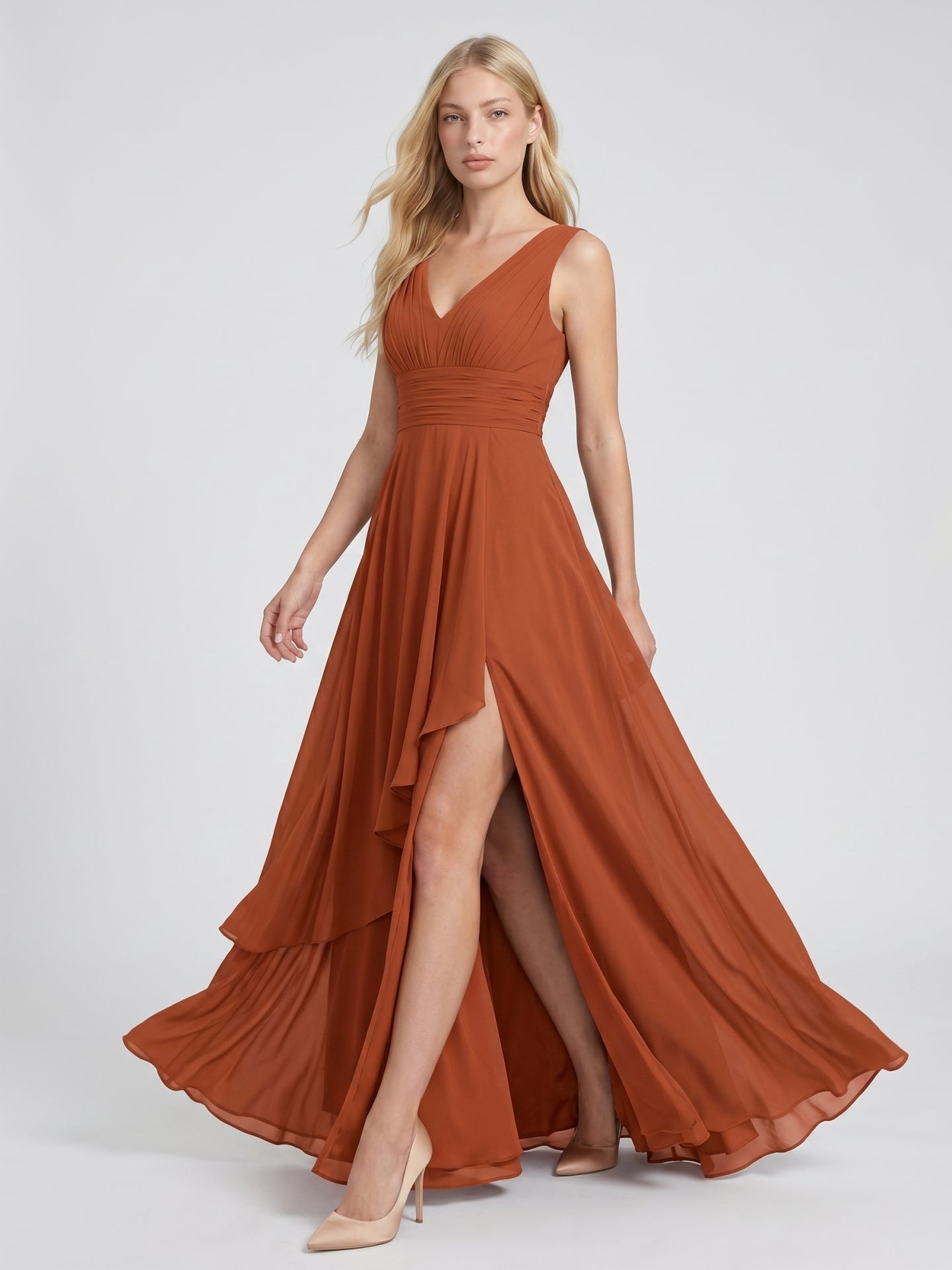 Cinnamon Chiffon A-Line V-Neck V-Back Floor-Length Bridesmaid Dress with Ruffled Details