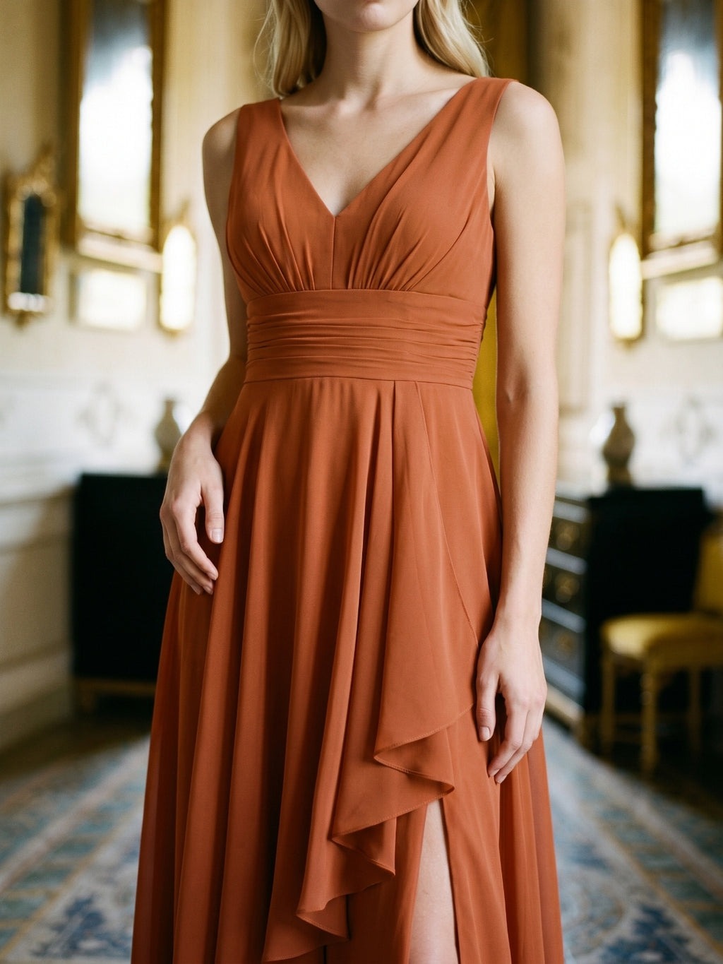 Cinnamon Chiffon A-Line V-Neck V-Back Floor-Length Bridesmaid Dress with Ruffled Details