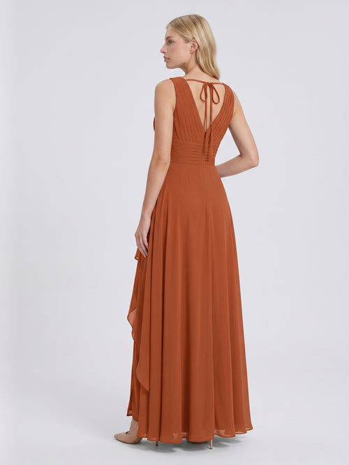 Cinnamon Chiffon A-Line V-Neck V-Back Floor-Length Bridesmaid Dress with Ruffled Details