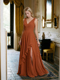 Cinnamon Chiffon A-Line V-Neck V-Back Floor-Length Bridesmaid Dress with Ruffled Details