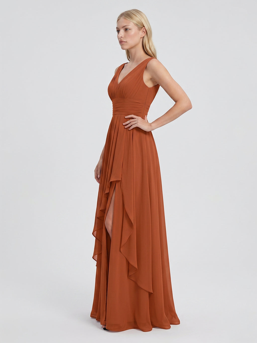 Cinnamon Chiffon A-Line V-Neck V-Back Floor-Length Bridesmaid Dress with Ruffled Details