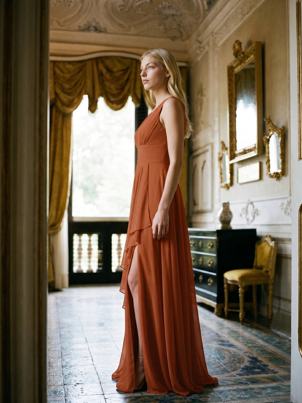 Cinnamon Chiffon A-Line V-Neck V-Back Floor-Length Bridesmaid Dress with Ruffled Details