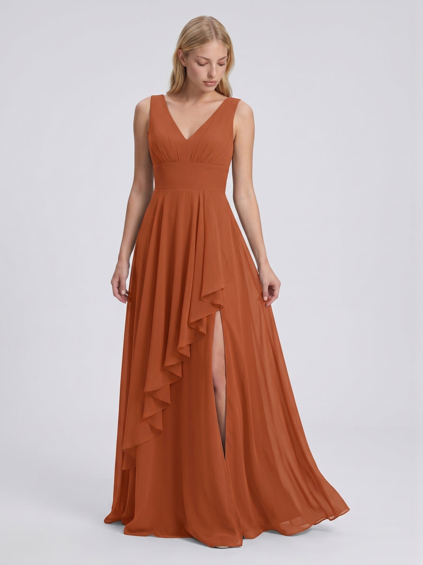 Cinnamon Chiffon A-Line V-Neck V-Back Floor-Length Bridesmaid Dress with Ruffled Details