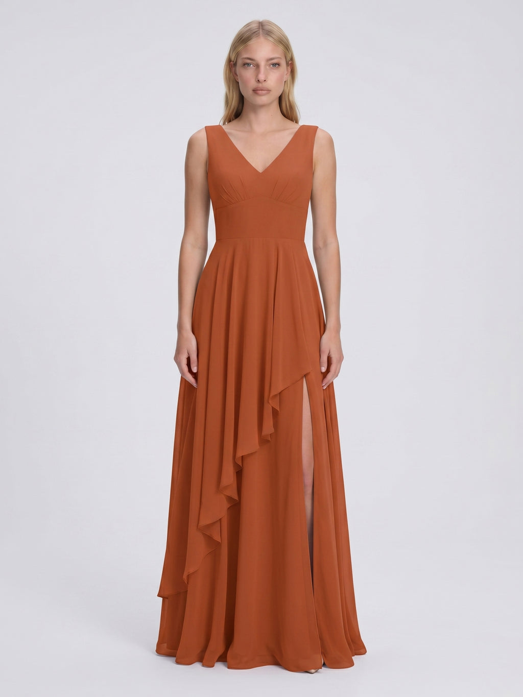 Cinnamon Chiffon A-Line V-Neck V-Back Floor-Length Bridesmaid Dress with Ruffled Details