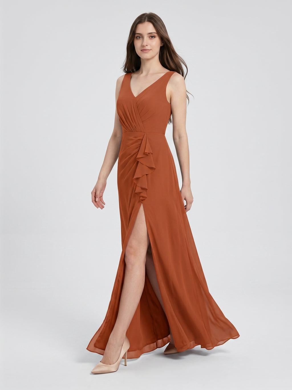 Cinnamon Chiffon A-Line V-Neck V-Back Floor-Length Bridesmaid Dress with Ruffles