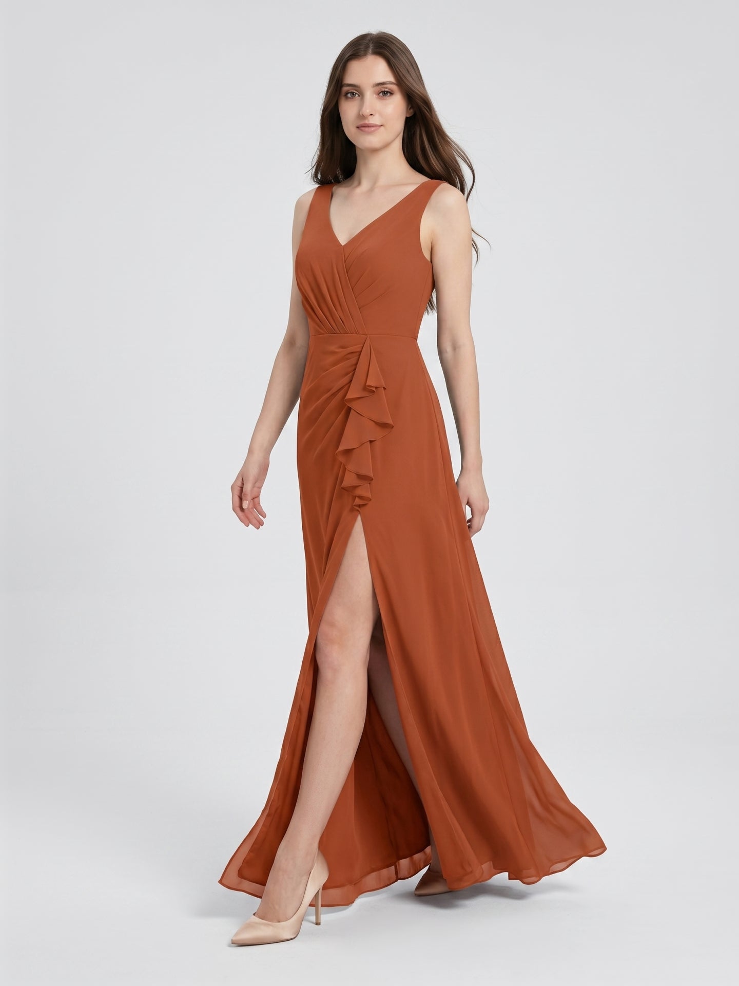 Cinnamon Chiffon A-Line V-Neck V-Back Floor-Length Bridesmaid Dress with Ruffles