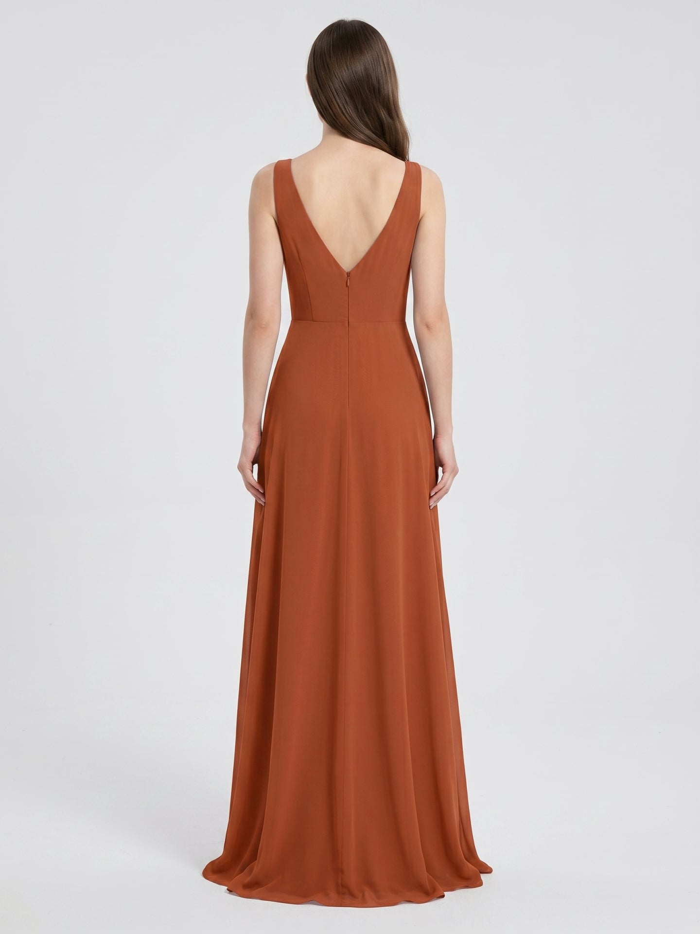 Cinnamon Chiffon A-Line V-Neck V-Back Floor-Length Bridesmaid Dress with Ruffles