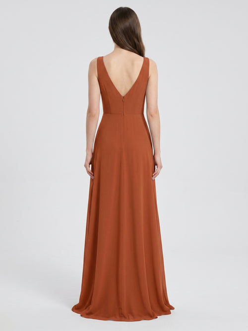 Cinnamon Chiffon A-Line V-Neck V-Back Floor-Length Bridesmaid Dress with Ruffles