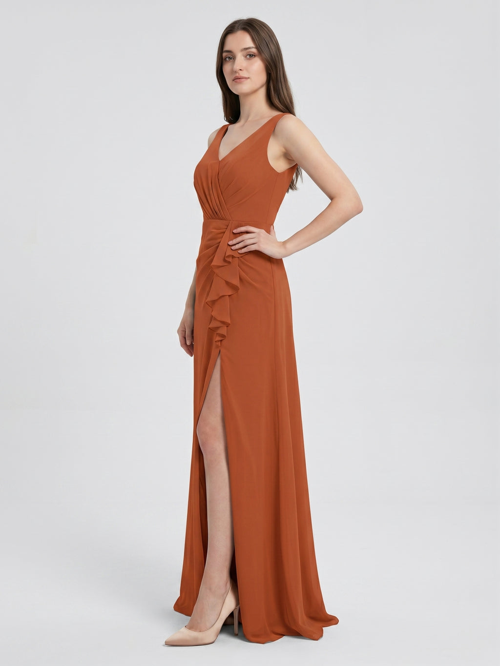 Cinnamon Chiffon A-Line V-Neck V-Back Floor-Length Bridesmaid Dress with Ruffles