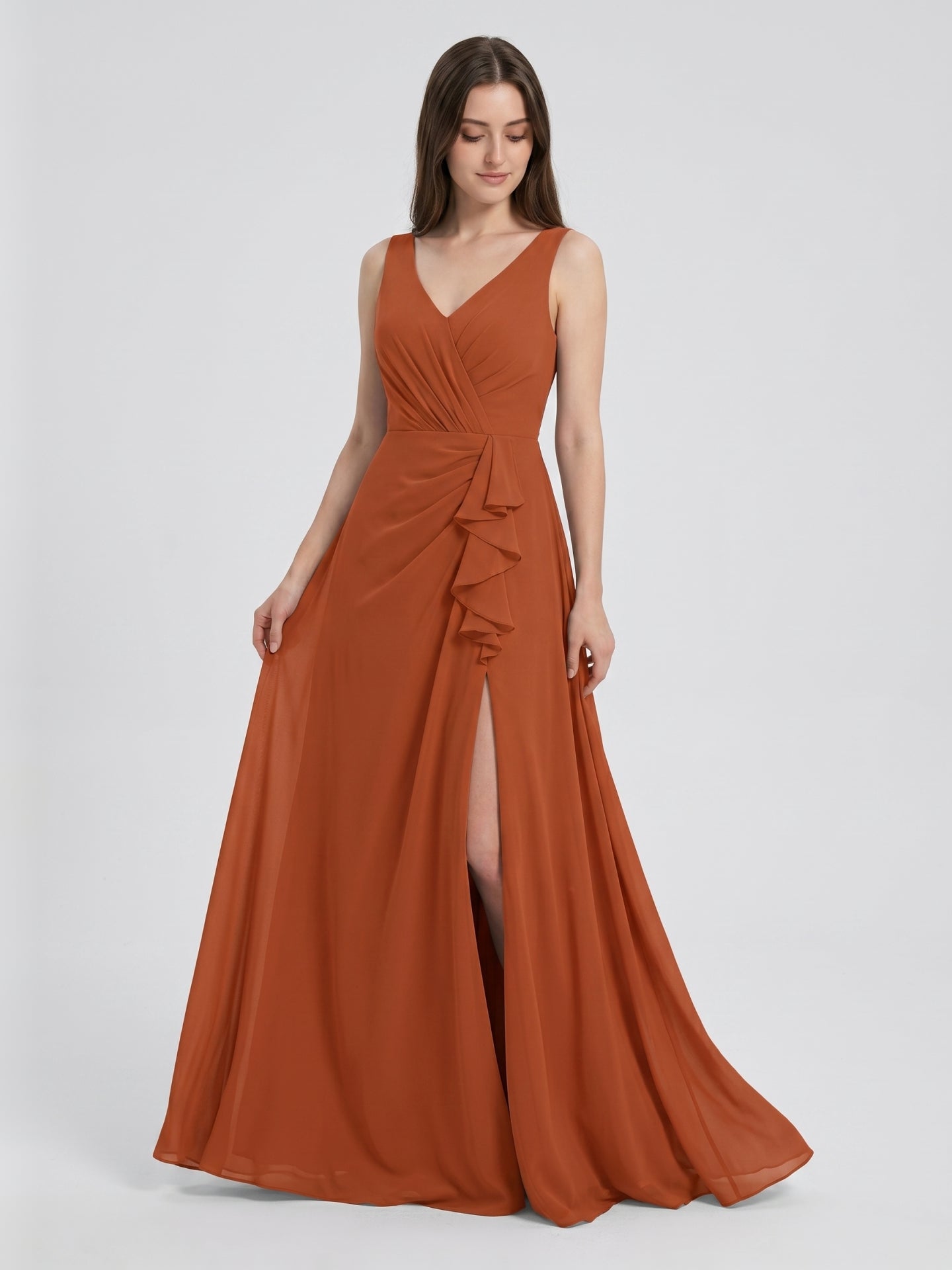 Cinnamon Chiffon A-Line V-Neck V-Back Floor-Length Bridesmaid Dress with Ruffles