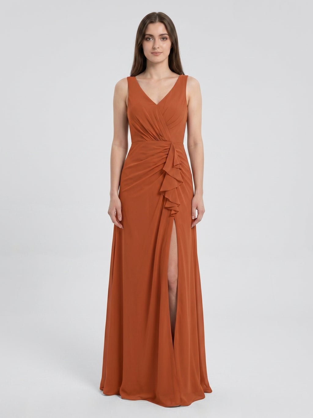 Cinnamon Chiffon A-Line V-Neck V-Back Floor-Length Bridesmaid Dress with Ruffles