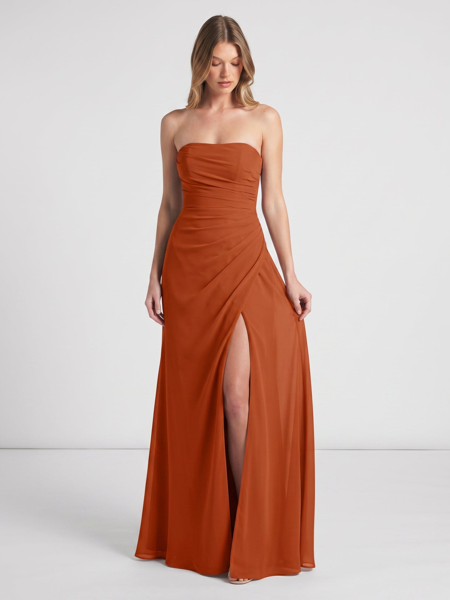 Cinnamon Chiffon Column Straight Neck Backless Floor-Length Bridesmaid Dress with Pleats