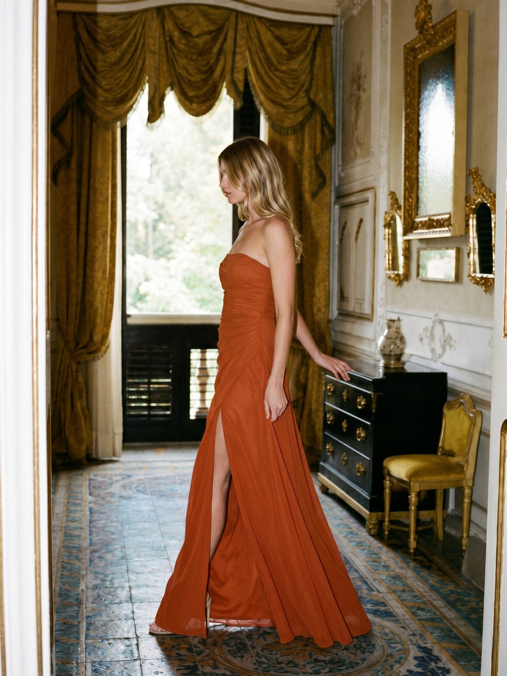 Cinnamon Chiffon Column Straight Neck Backless Floor-Length Bridesmaid Dress with Pleats