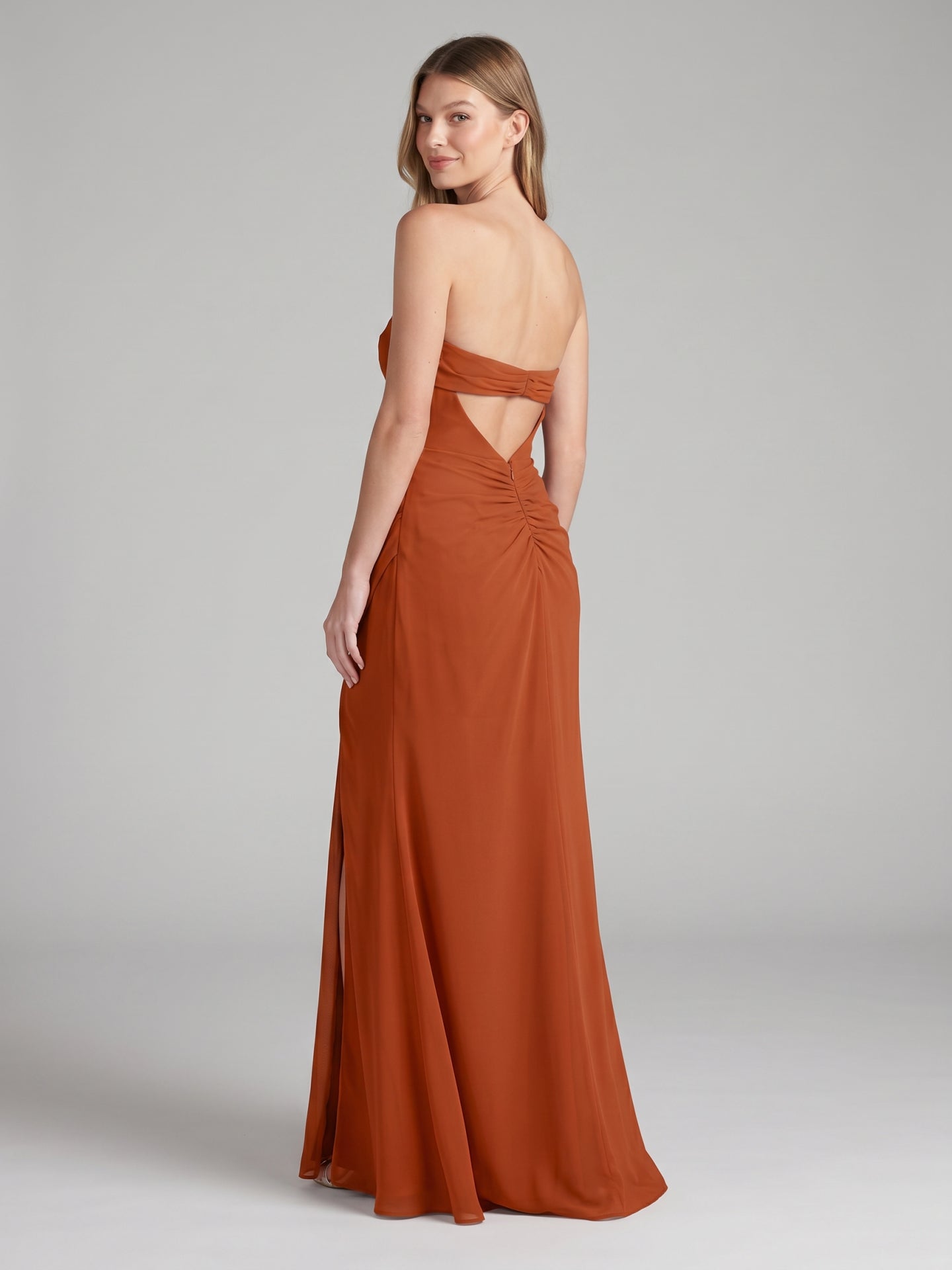 Cinnamon Chiffon Column Straight Neck Backless Floor-Length Bridesmaid Dress with Pleats