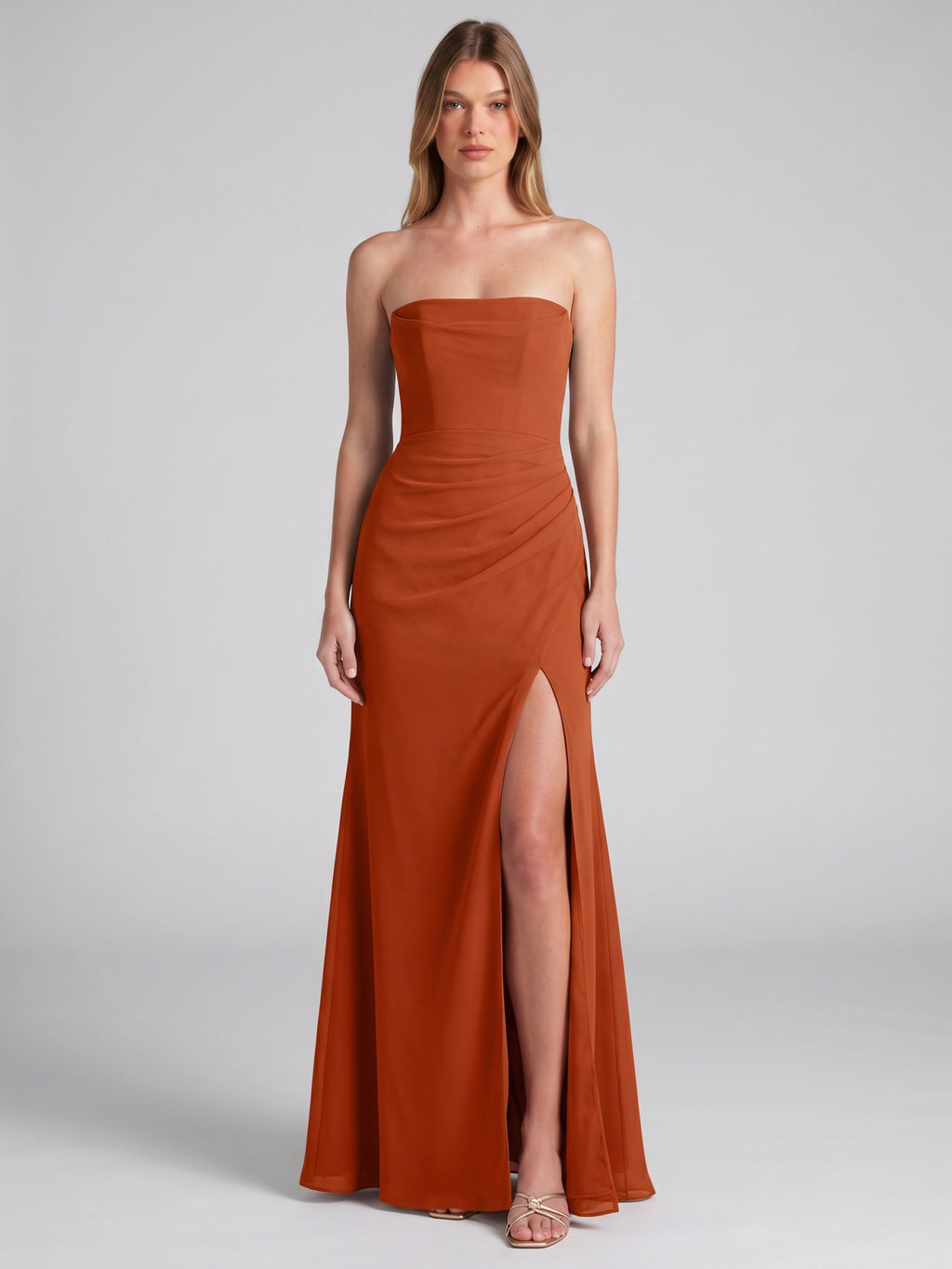 Cinnamon Chiffon Column Straight Neck Backless Floor-Length Bridesmaid Dress with Pleats