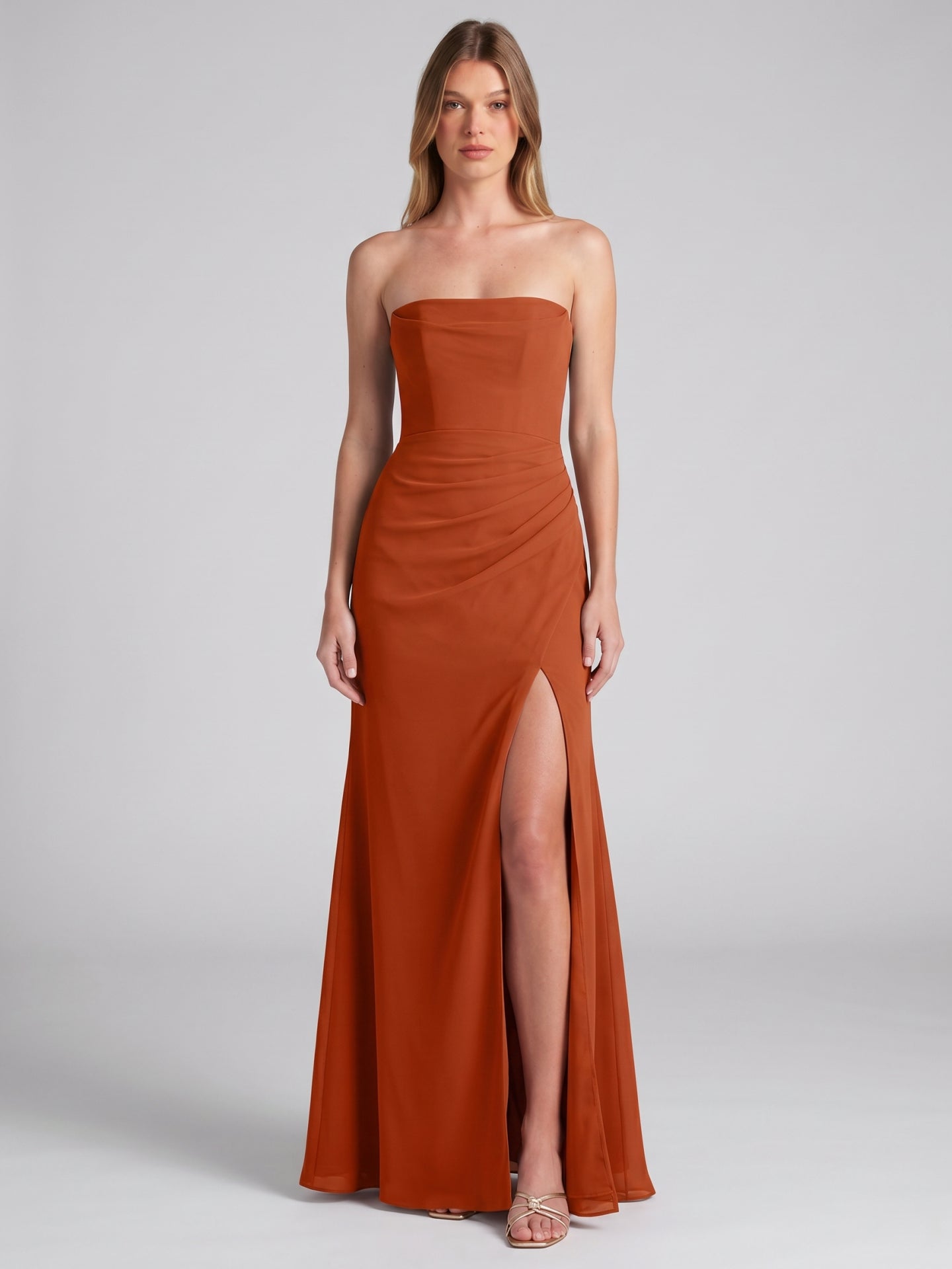 Cinnamon Chiffon Column Straight Neck Backless Floor-Length Bridesmaid Dress with Pleats