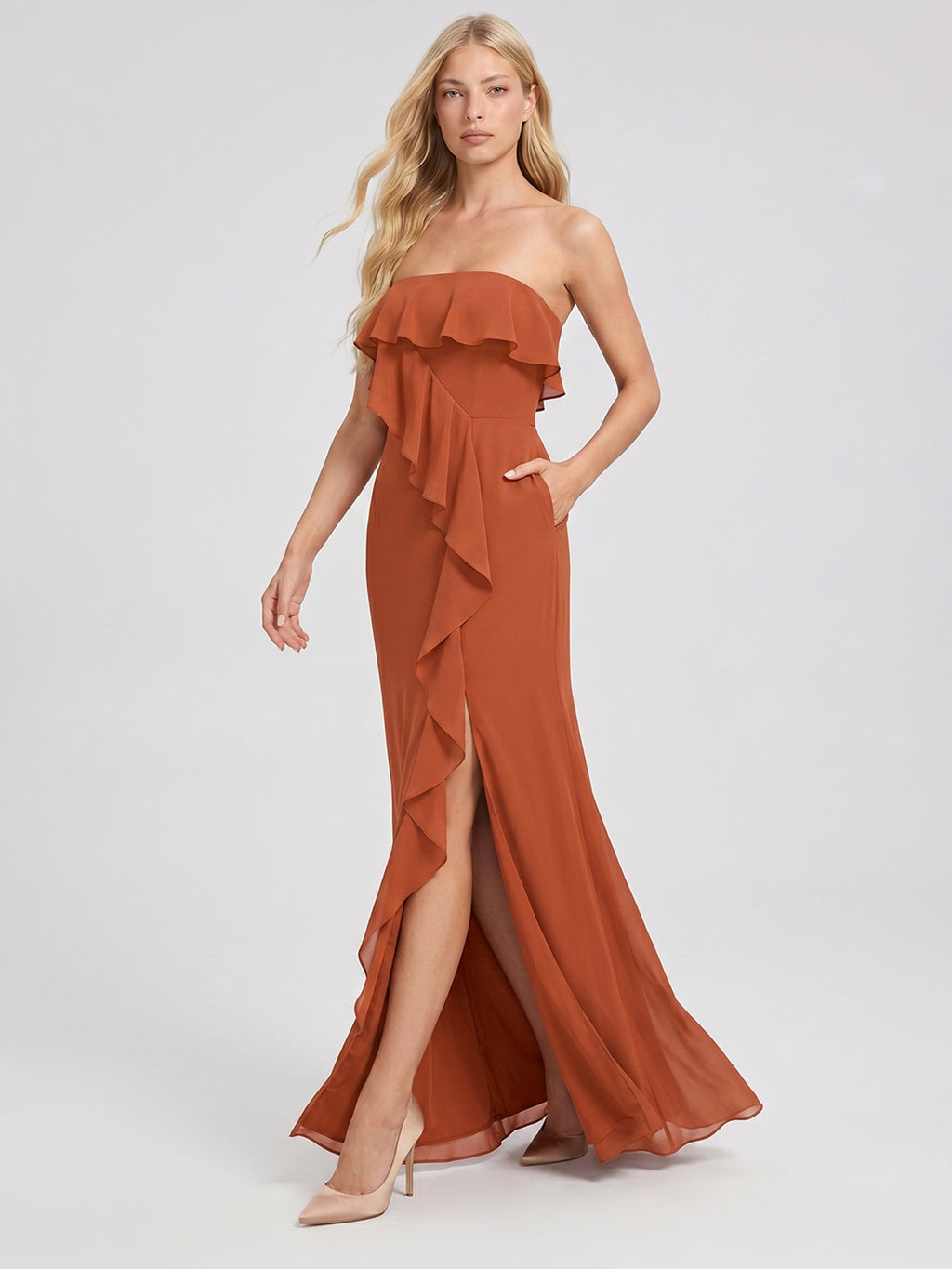 Cinnamon Chiffon Trumpet Straight Neck Back Zip Floor-Length Bridesmaid Dress with Ruffles
