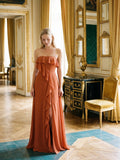 Cinnamon Chiffon Trumpet Straight Neck Back Zip Floor-Length Bridesmaid Dress with Ruffles