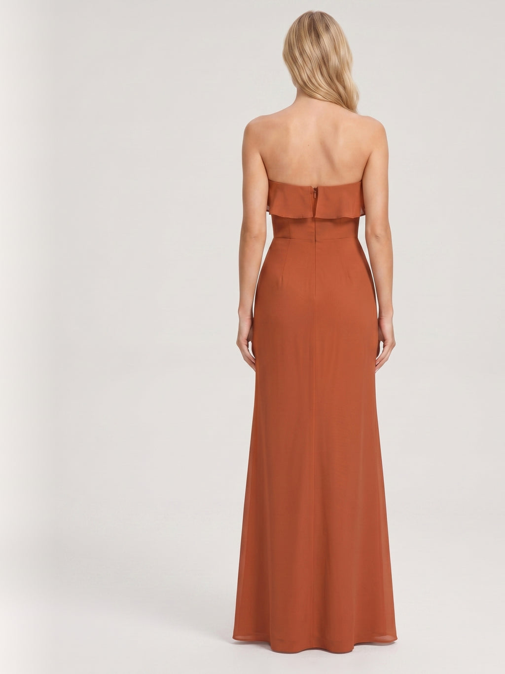 Cinnamon Chiffon Trumpet Straight Neck Back Zip Floor-Length Bridesmaid Dress with Ruffles