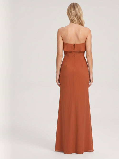 Cinnamon Chiffon Trumpet Straight Neck Back Zip Floor-Length Bridesmaid Dress with Ruffles