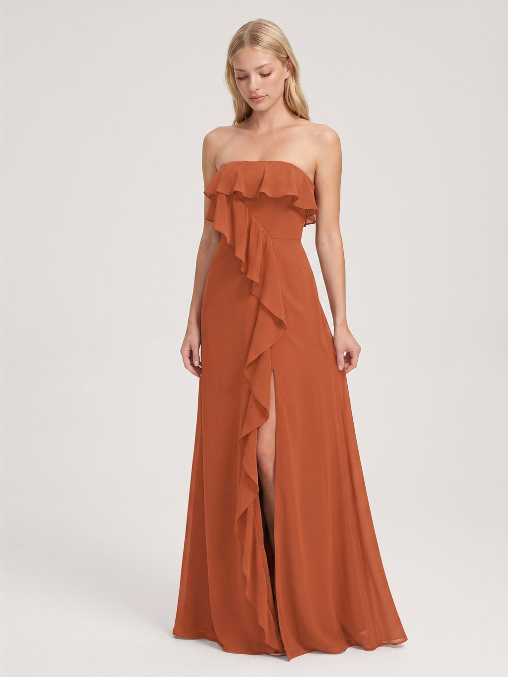 Cinnamon Chiffon Trumpet Straight Neck Back Zip Floor-Length Bridesmaid Dress with Ruffles