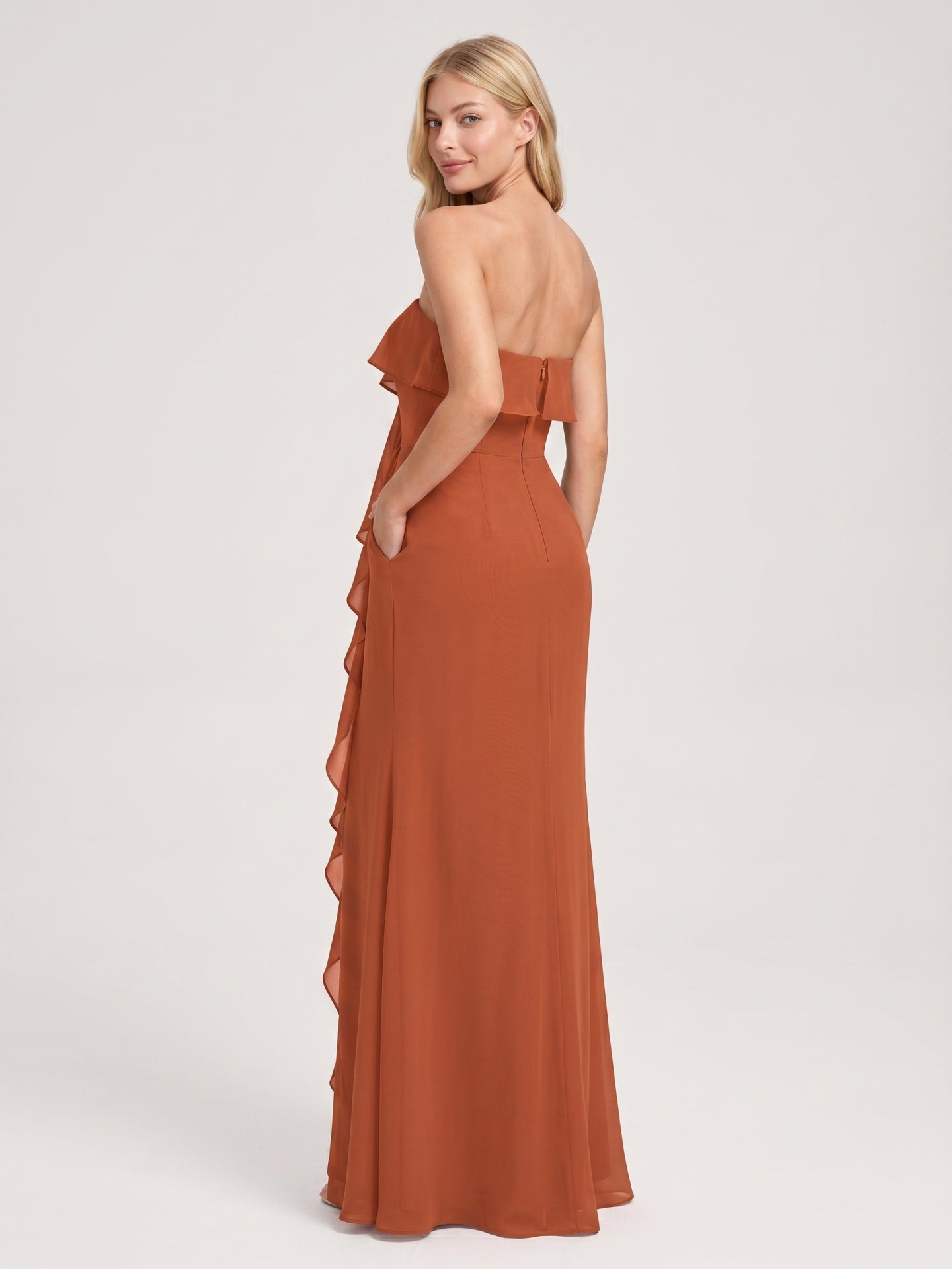 Cinnamon Chiffon Trumpet Straight Neck Back Zip Floor-Length Bridesmaid Dress with Ruffles
