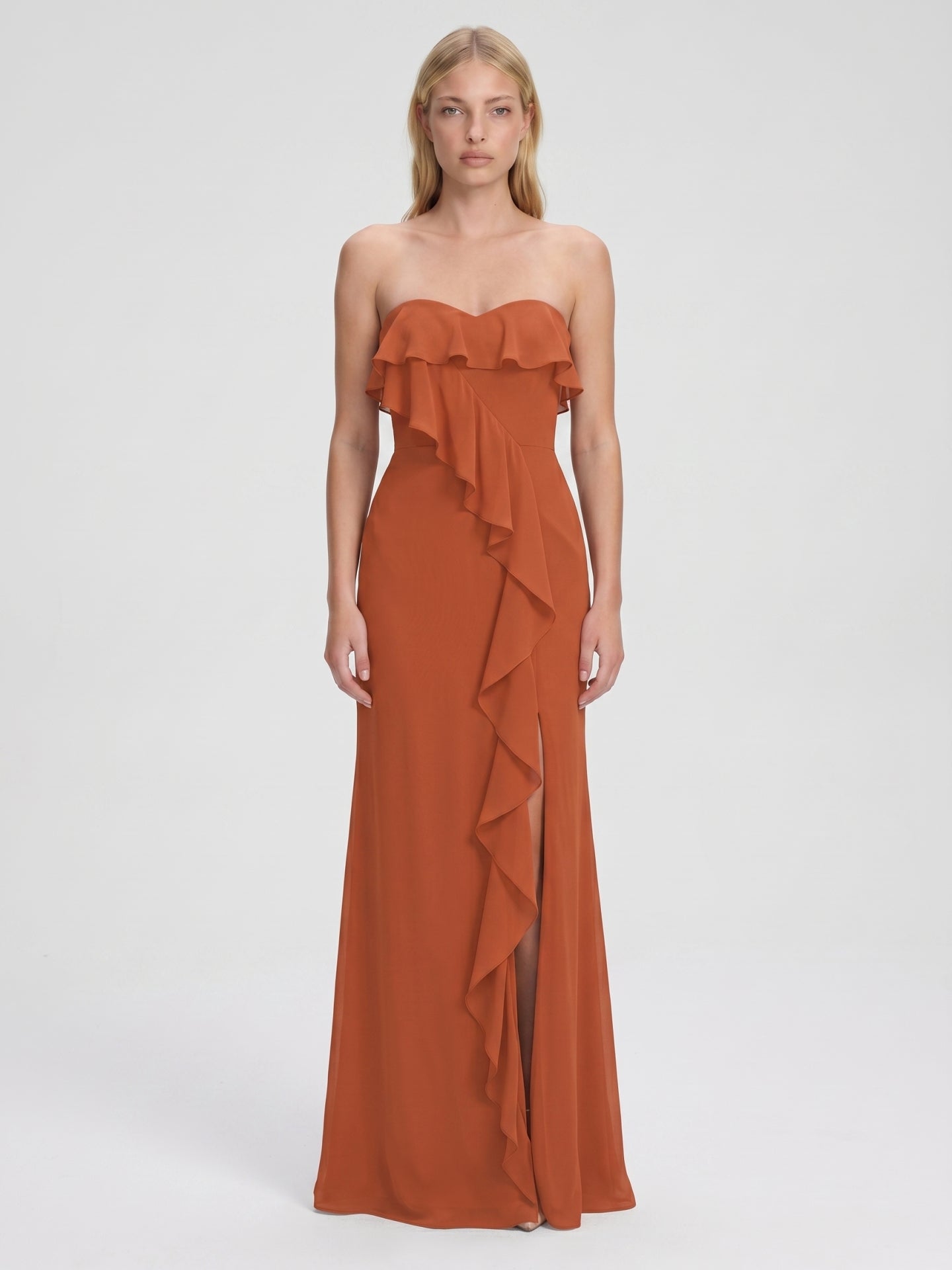 Cinnamon Chiffon Trumpet Straight Neck Back Zip Floor-Length Bridesmaid Dress with Ruffles