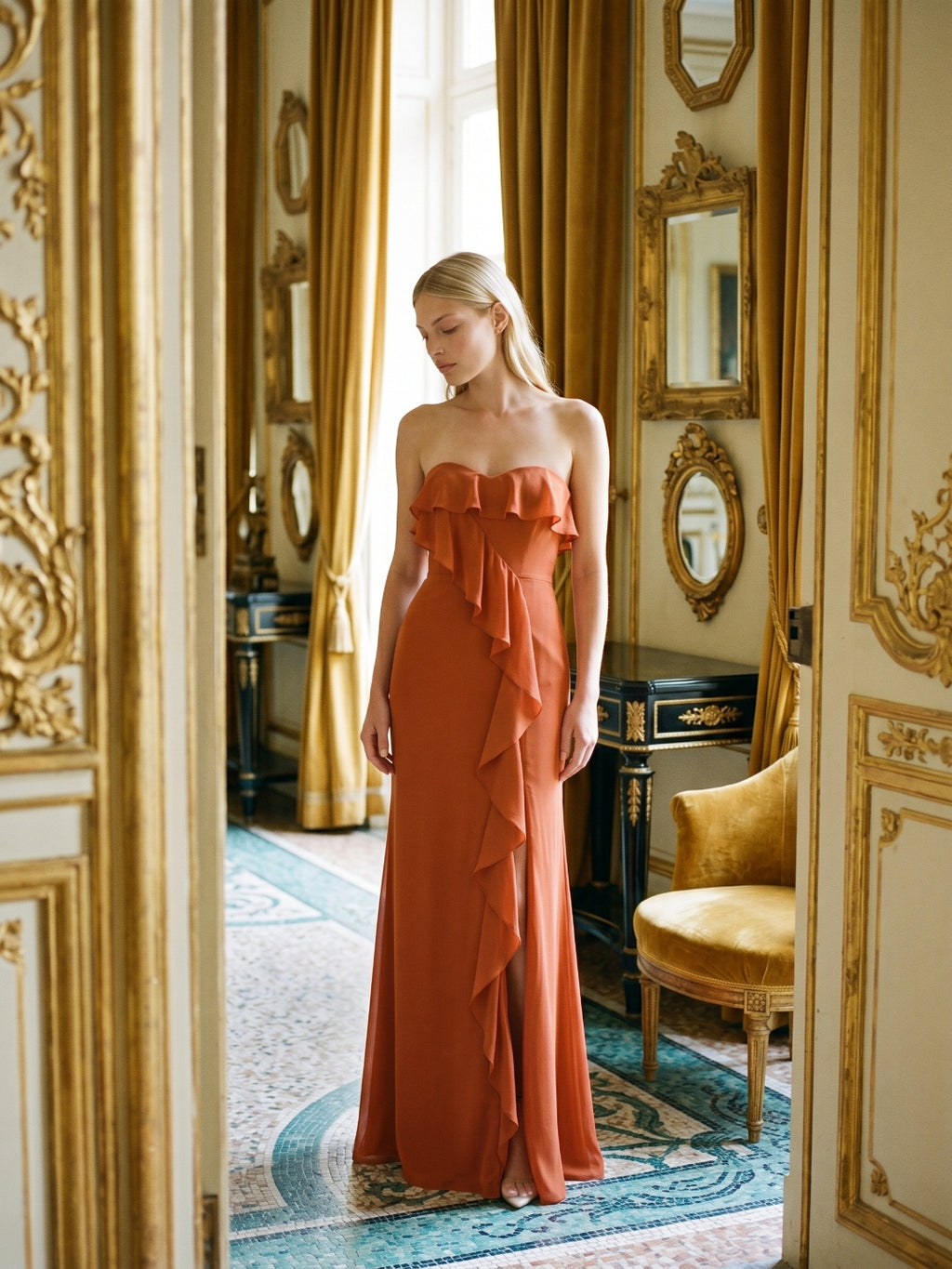 Cinnamon Chiffon Trumpet Straight Neck Back Zip Floor-Length Bridesmaid Dress with Ruffles