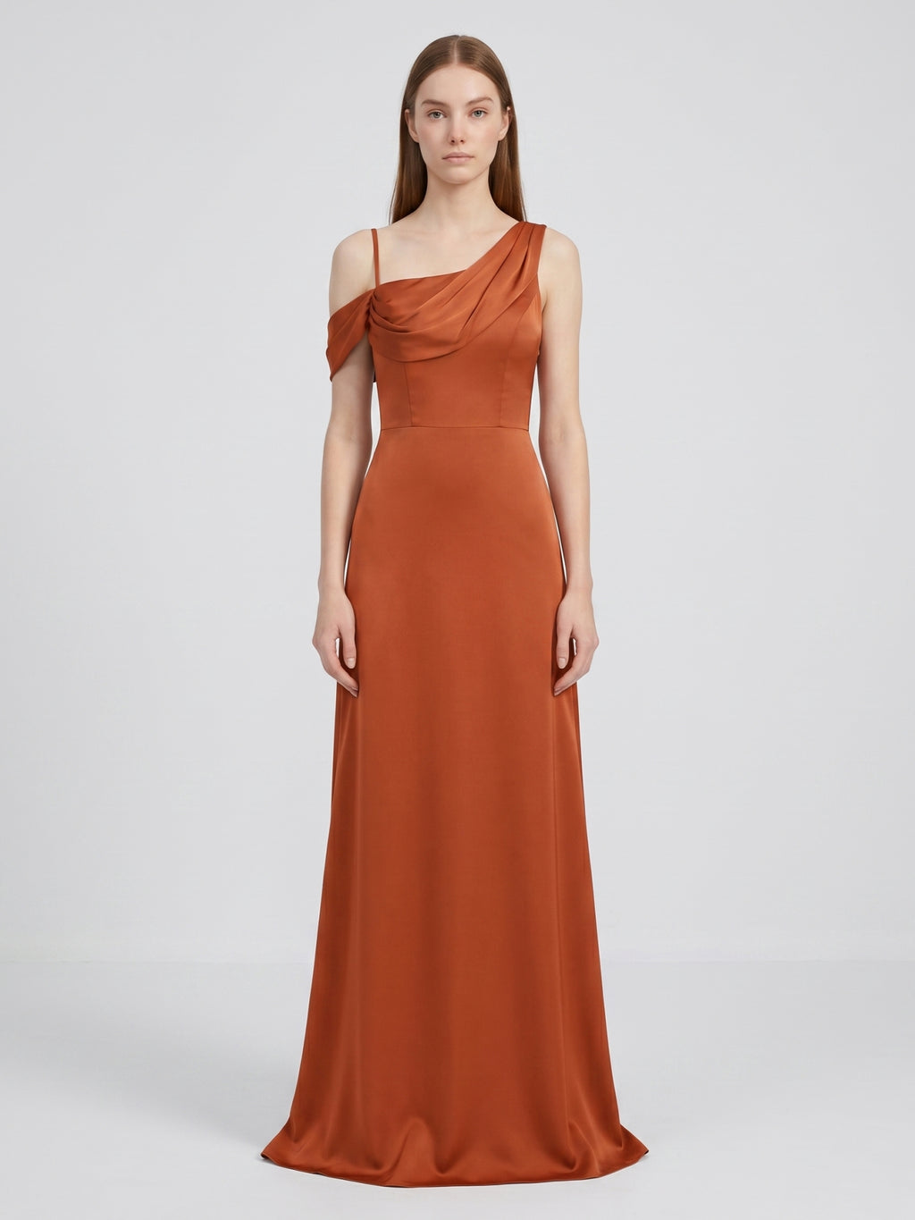 Cinnamon Matte Satin A-Line Cowl Neck Back Zip Floor-Length Bridesmaid Dress with Pleats