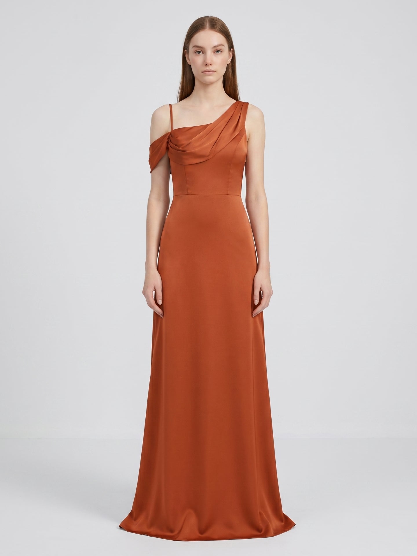 Cinnamon Matte Satin A-Line Cowl Neck Back Zip Floor-Length Bridesmaid Dress with Pleats