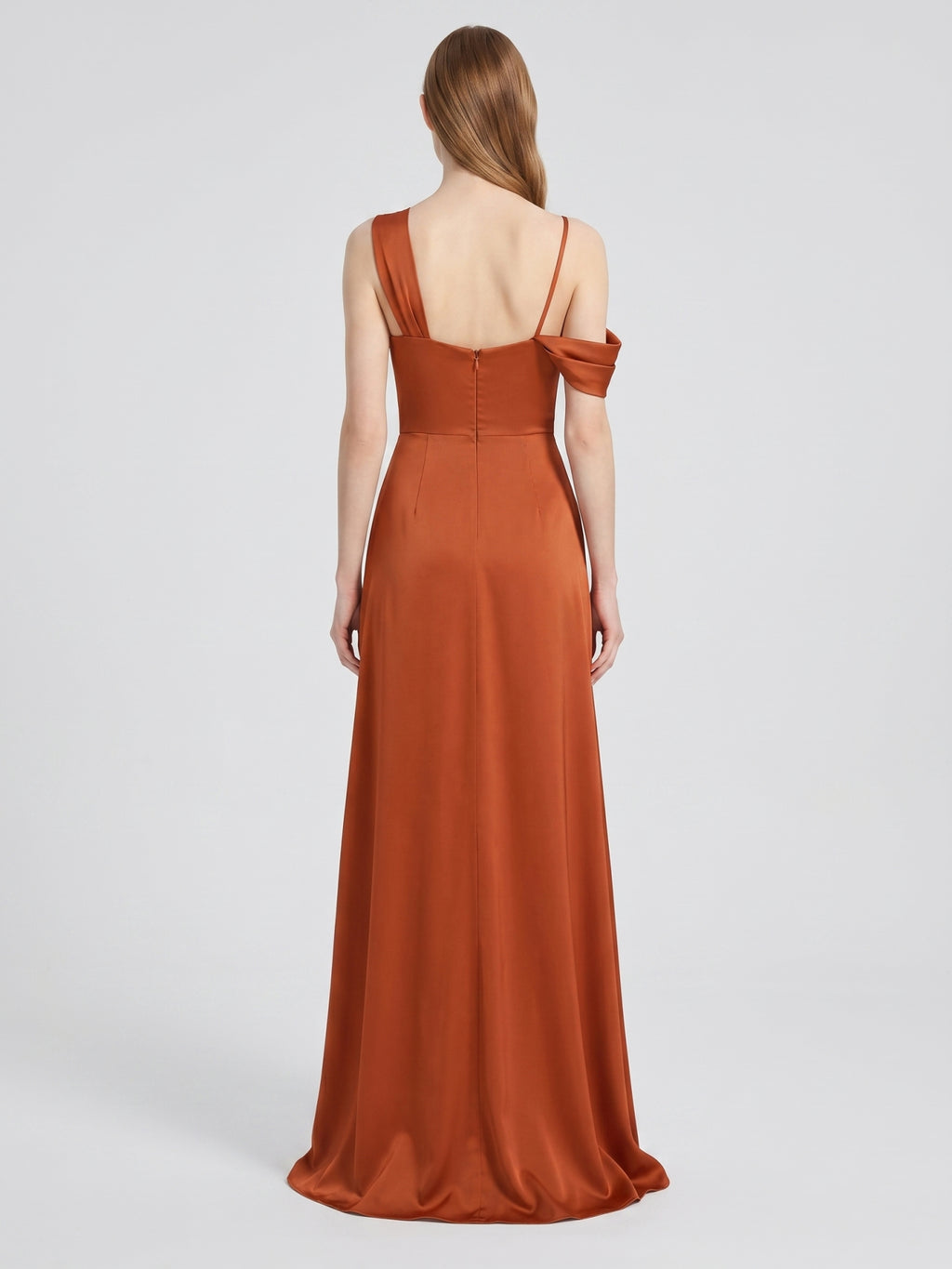 Cinnamon Matte Satin A-Line Cowl Neck Back Zip Floor-Length Bridesmaid Dress with Pleats