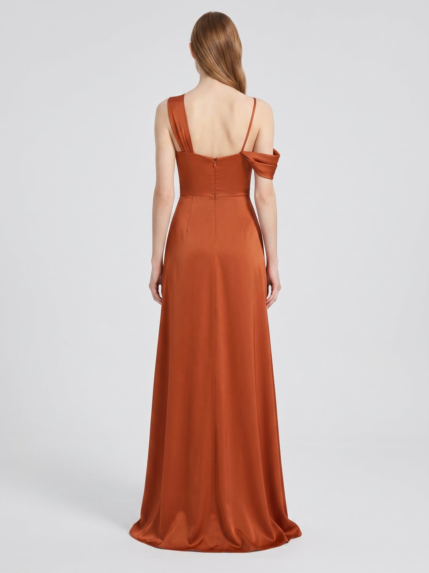 Cinnamon Matte Satin A-Line Cowl Neck Back Zip Floor-Length Bridesmaid Dress with Pleats