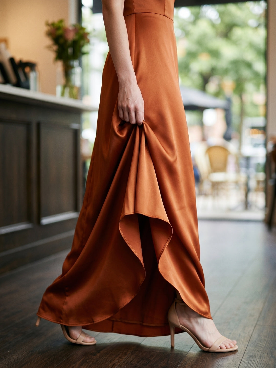 Cinnamon Matte Satin A-Line Cowl Neck Back Zip Floor-Length Bridesmaid Dress with Pleats