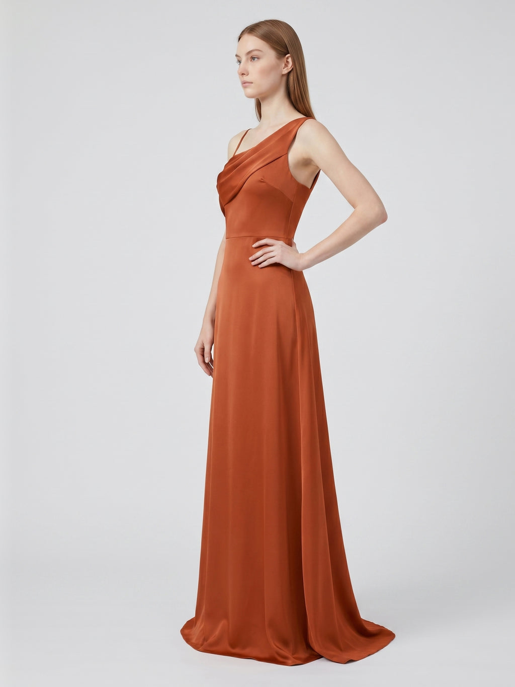Cinnamon Matte Satin A-Line Cowl Neck Back Zip Floor-Length Bridesmaid Dress with Pleats