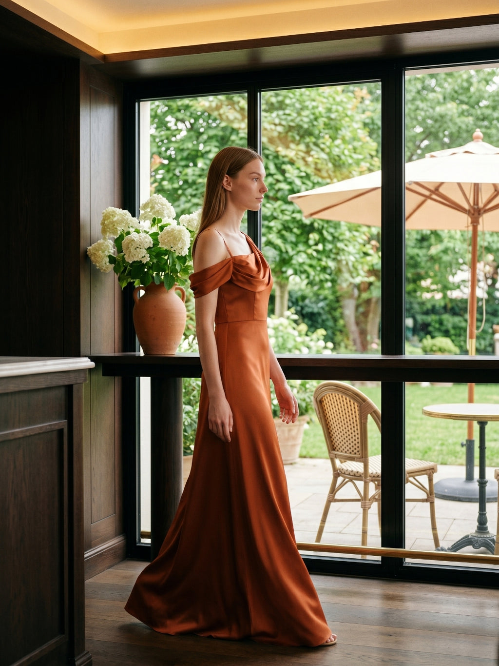 Cinnamon Matte Satin A-Line Cowl Neck Back Zip Floor-Length Bridesmaid Dress with Pleats
