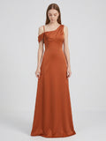 Cinnamon Matte Satin A-Line Cowl Neck Back Zip Floor-Length Bridesmaid Dress with Pleats