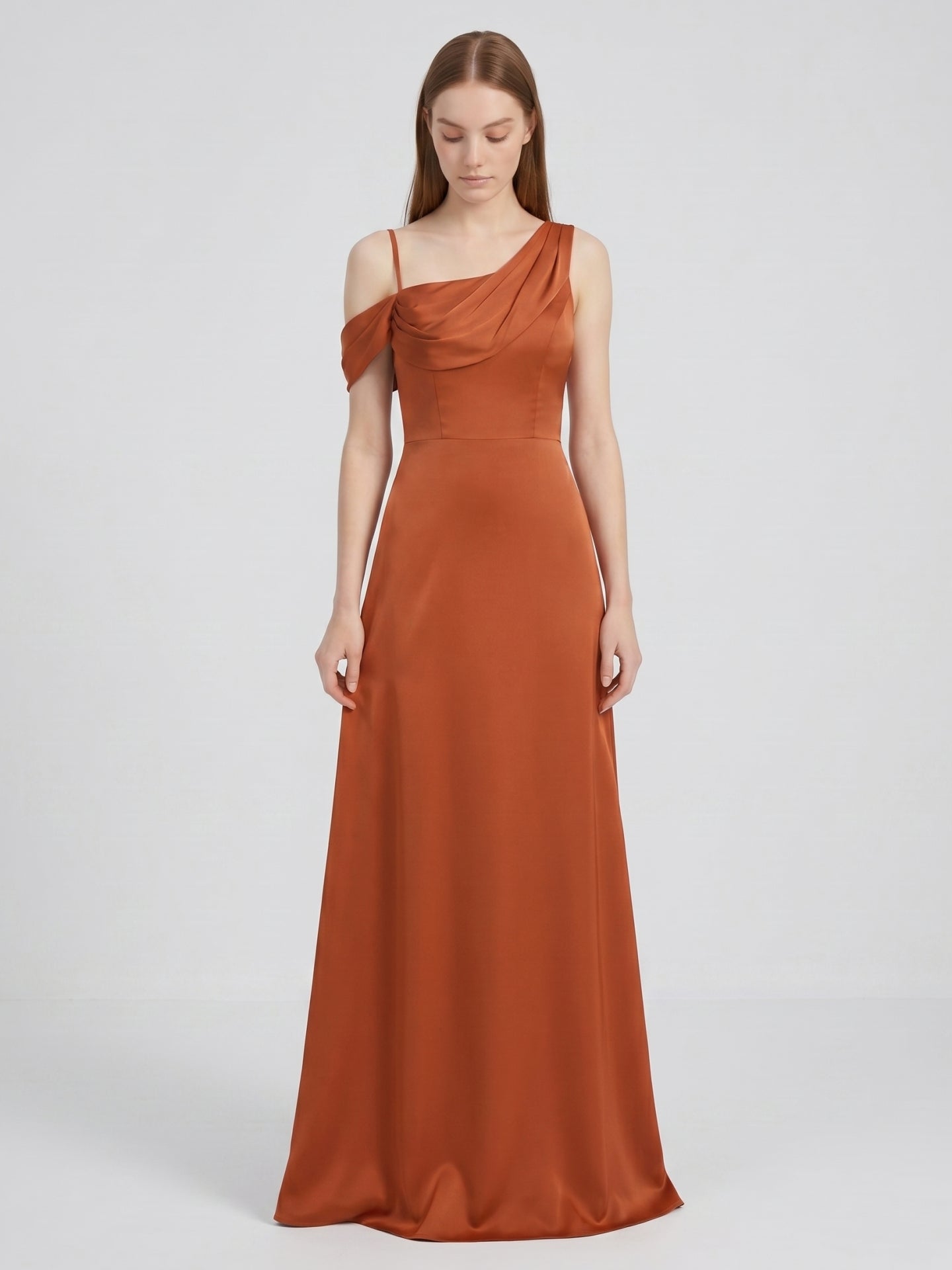 Cinnamon Matte Satin A-Line Cowl Neck Back Zip Floor-Length Bridesmaid Dress with Pleats