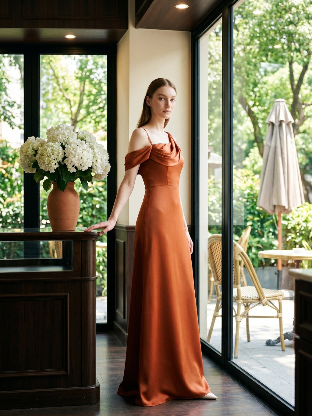Cinnamon Matte Satin A-Line Cowl Neck Back Zip Floor-Length Bridesmaid Dress with Pleats