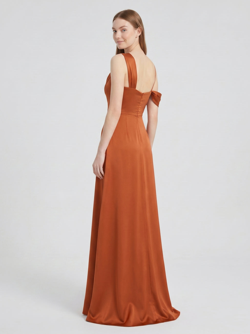 Cinnamon Matte Satin A-Line Cowl Neck Back Zip Floor-Length Bridesmaid Dress with Pleats
