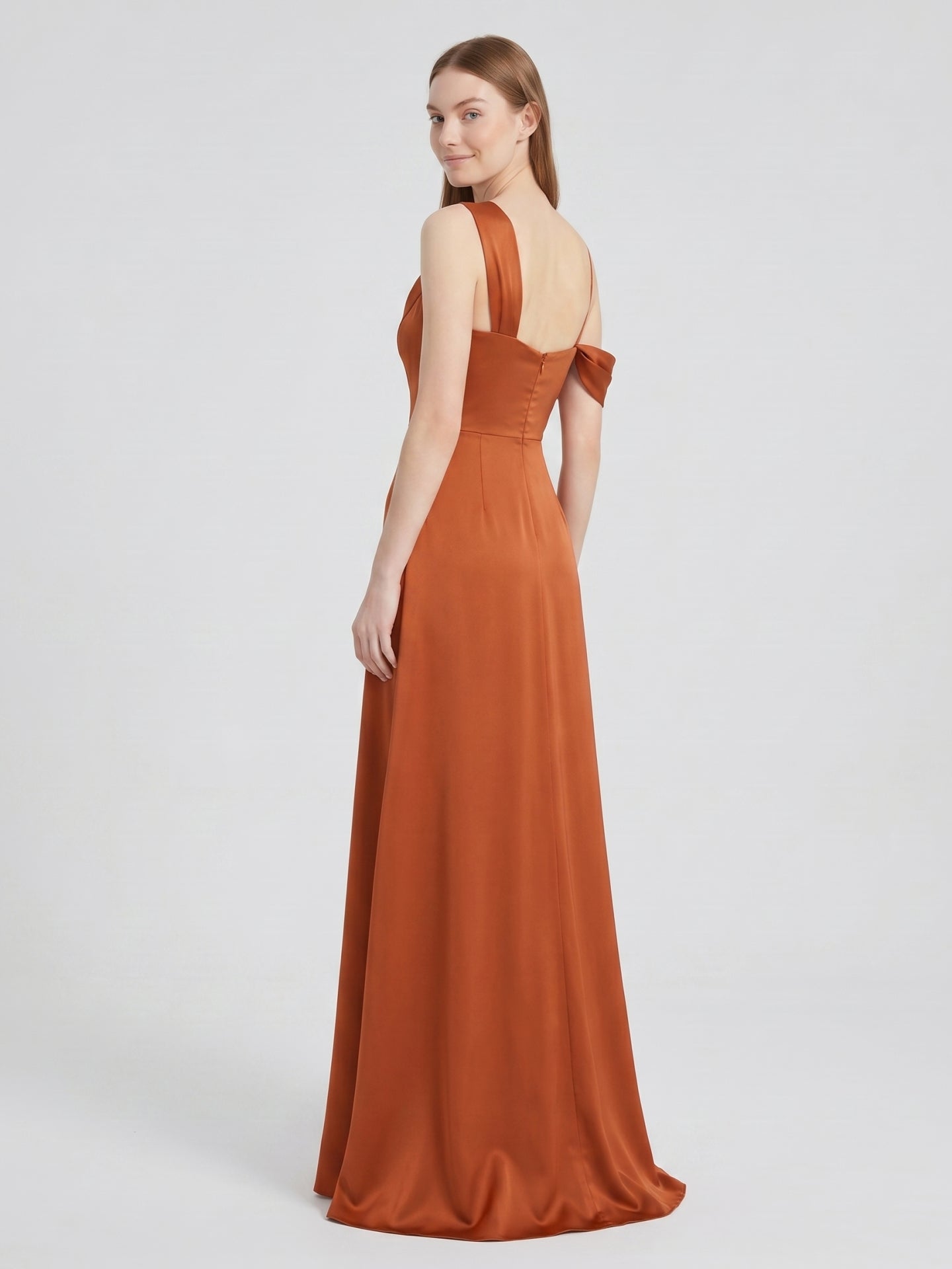 Cinnamon Matte Satin A-Line Cowl Neck Back Zip Floor-Length Bridesmaid Dress with Pleats