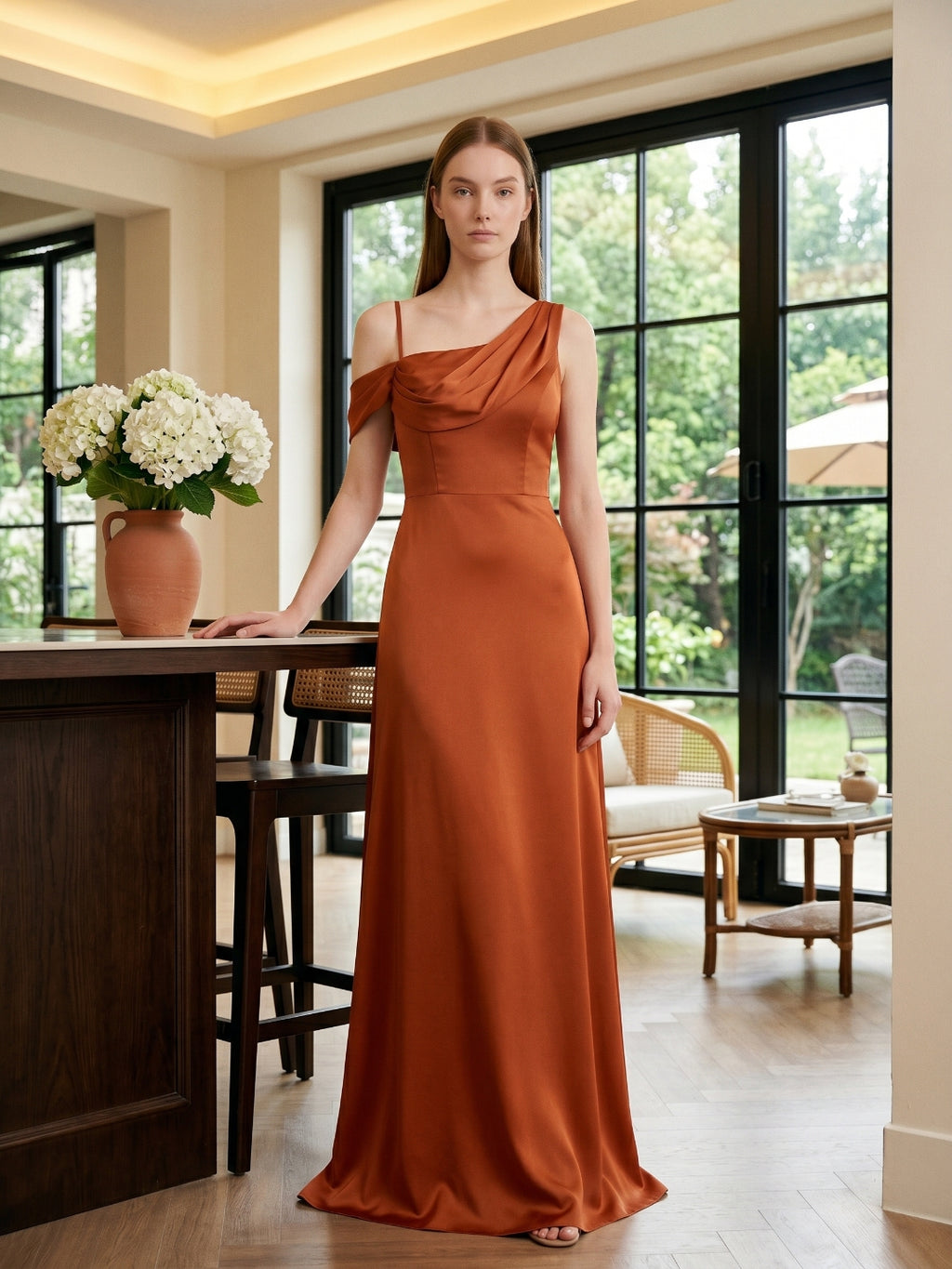Cinnamon Matte Satin A-Line Cowl Neck Back Zip Floor-Length Bridesmaid Dress with Pleats