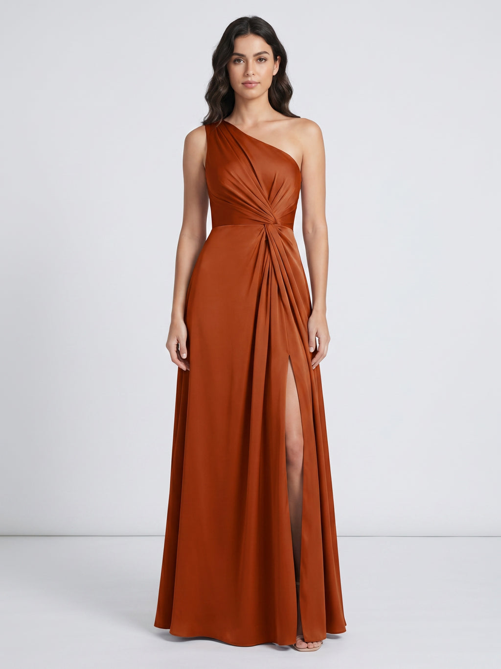 Cinnamon Satin A-Line One Shoulder Back Zip Ankle Bridesmaid Dress with Pleated Details