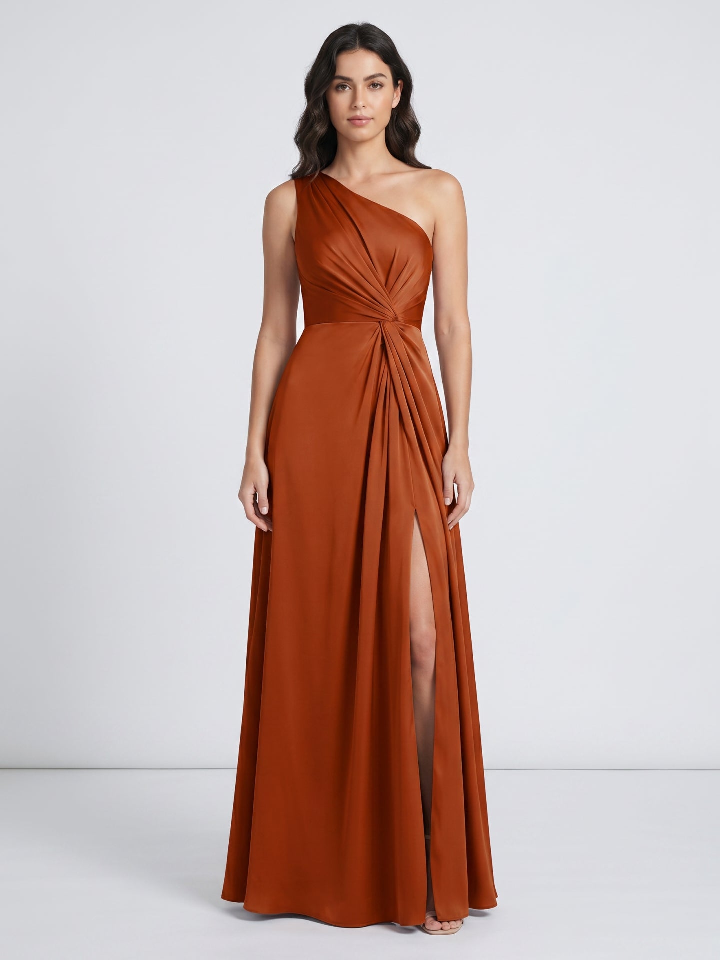 Cinnamon Satin A-Line One Shoulder Back Zip Ankle Bridesmaid Dress with Pleated Details