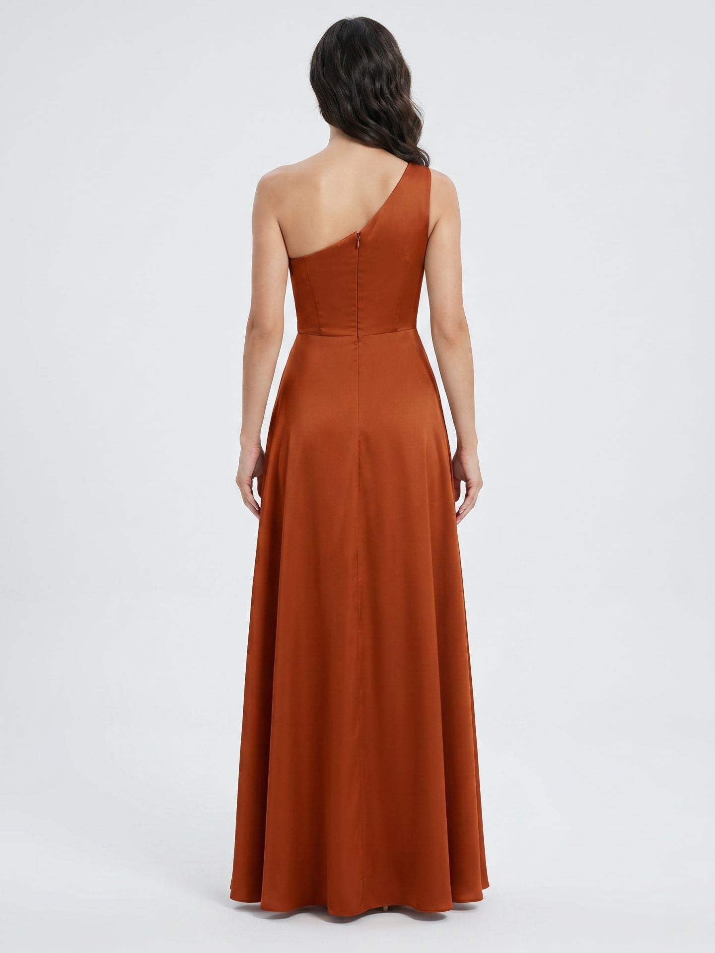 Cinnamon Satin A-Line One Shoulder Back Zip Ankle Bridesmaid Dress with Pleated Details