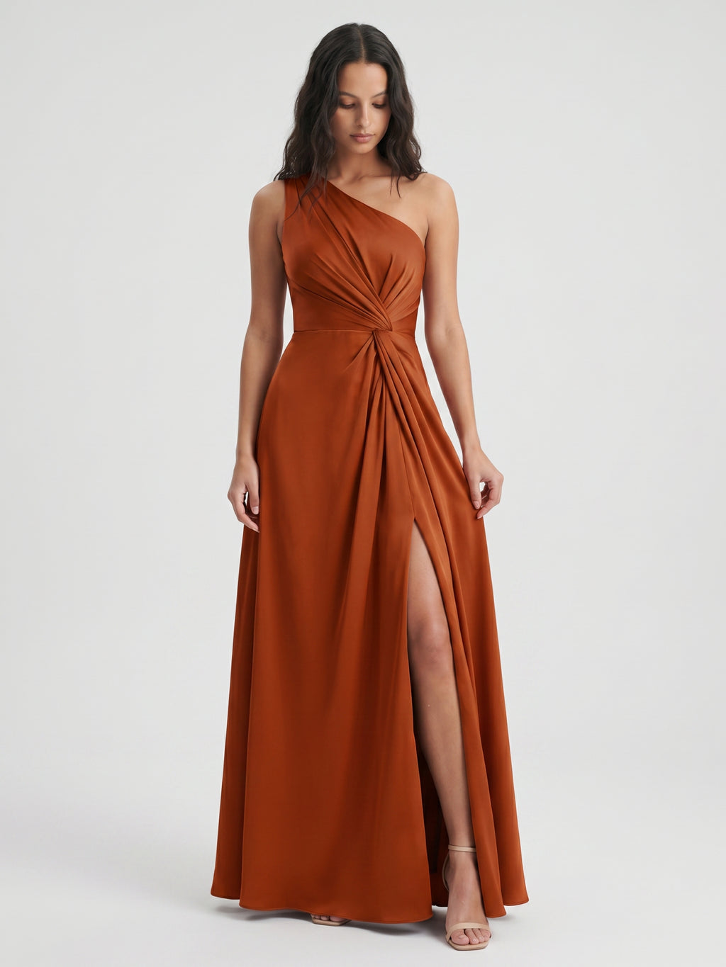 Cinnamon Satin A-Line One Shoulder Back Zip Ankle Bridesmaid Dress with Pleated Details