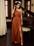Cinnamon Satin A-Line One Shoulder Back Zip Ankle Bridesmaid Dress with Pleated Details