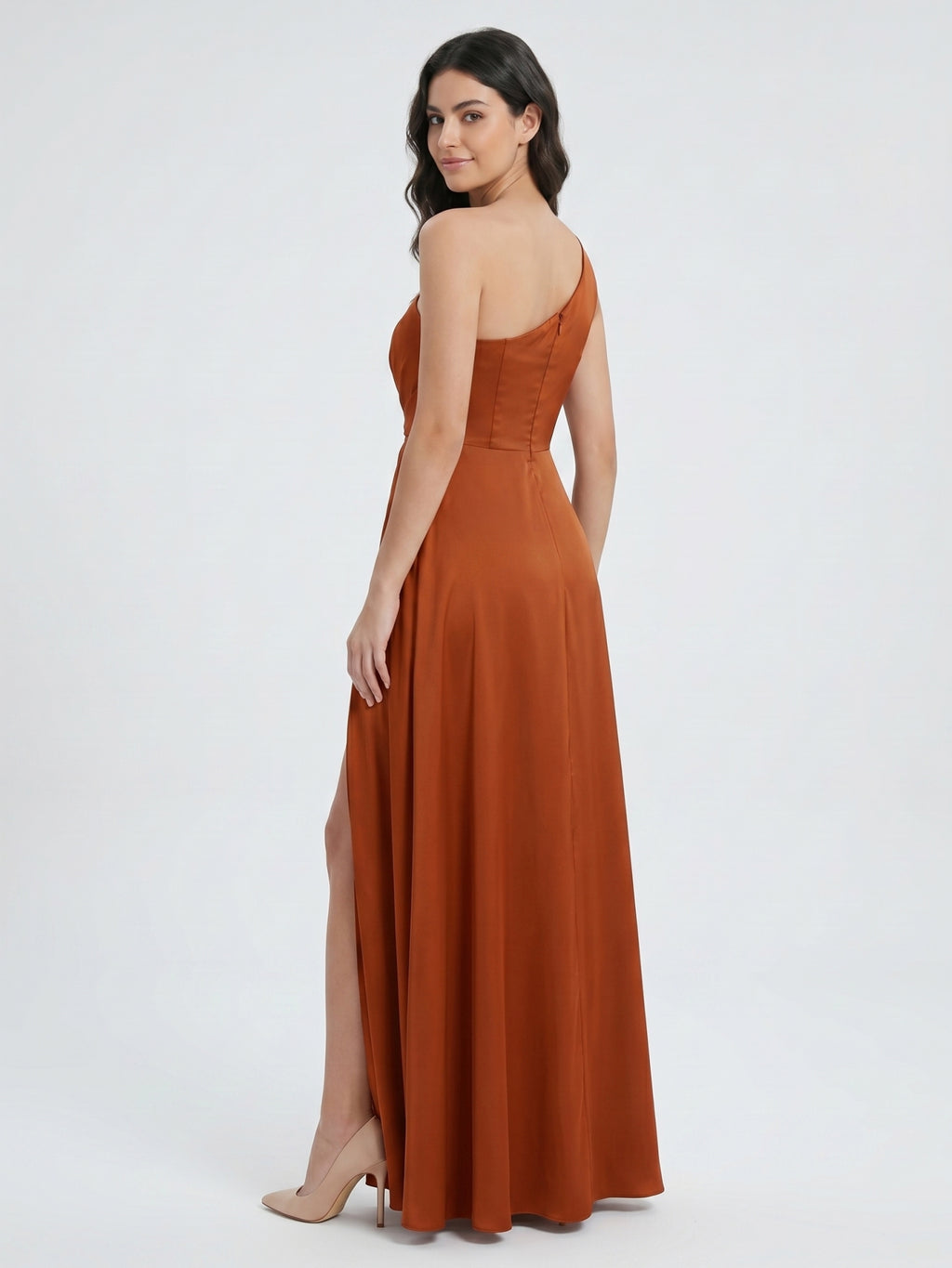 Cinnamon Satin A-Line One Shoulder Back Zip Ankle Bridesmaid Dress with Pleated Details