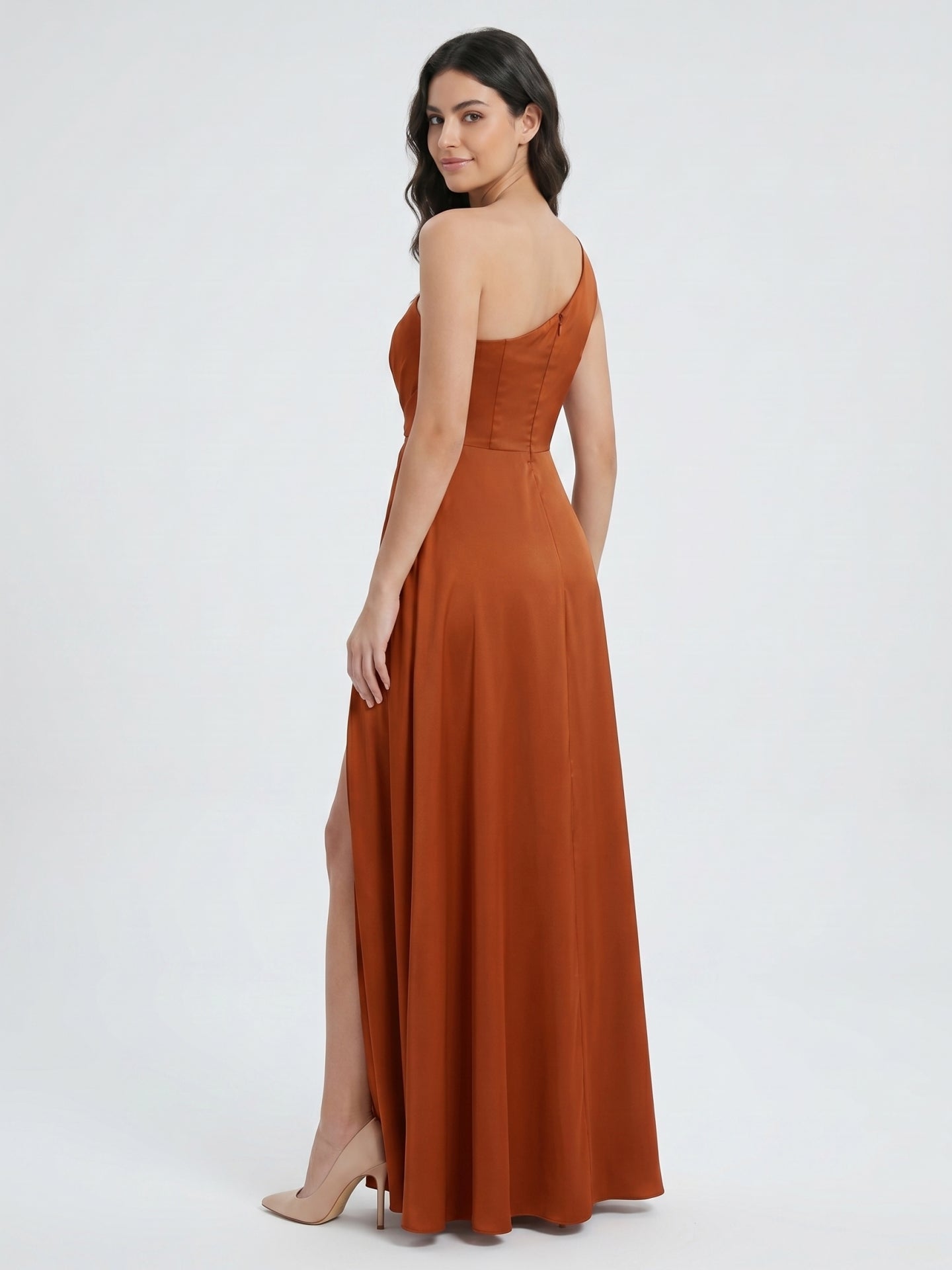 Cinnamon Satin A-Line One Shoulder Back Zip Ankle Bridesmaid Dress with Pleated Details