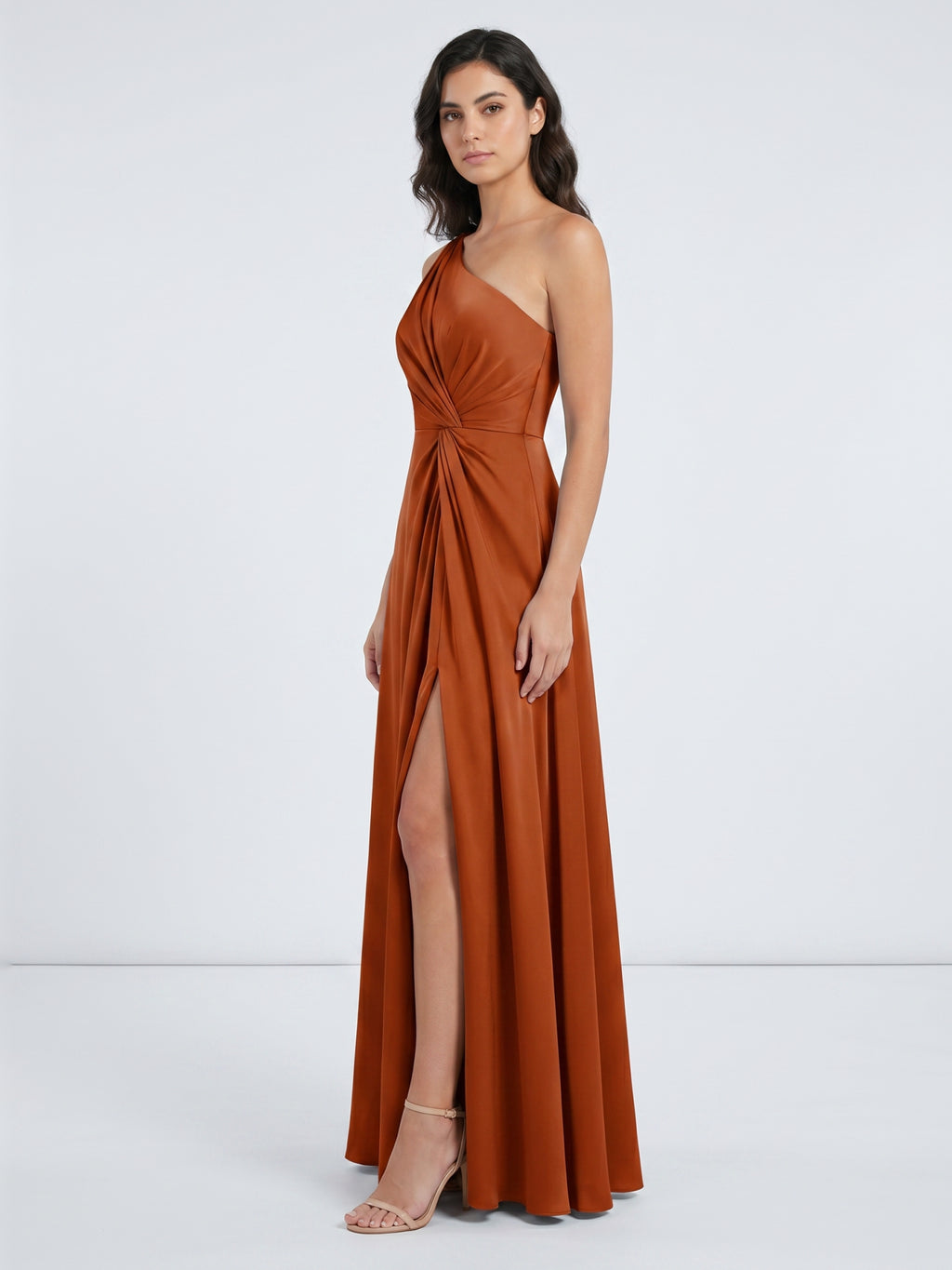 Cinnamon Satin A-Line One Shoulder Back Zip Ankle Bridesmaid Dress with Pleated Details